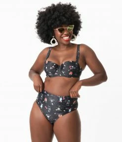 Collectif Black & Cocktail Menu Print Balcony Swim Top Swimwear