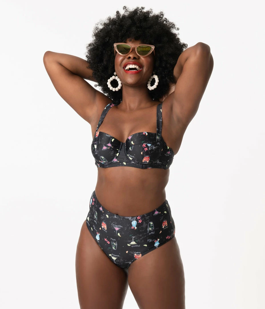 Collectif Black & Cocktail Menu Print Swim Bottom Swimwear