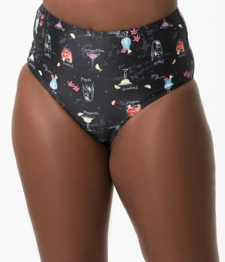 Collectif Black & Cocktail Menu Print Swim Bottom Swimwear