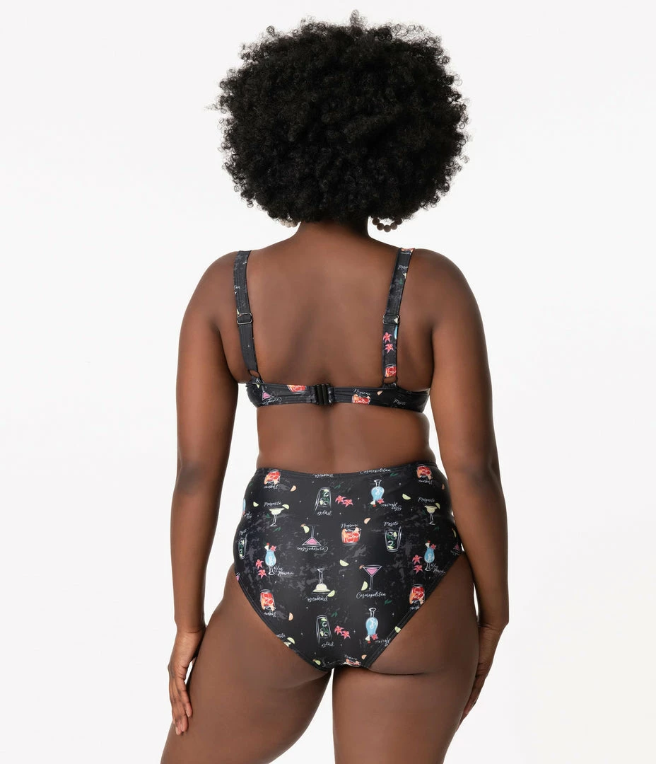 Collectif Black & Cocktail Menu Print Swim Bottom Swimwear