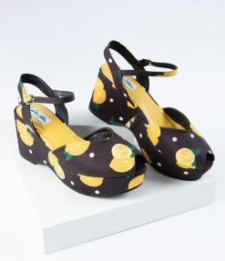 Shoes Collectif Black & Yellow Lemon Peep Toe Kelly Platform Wedge