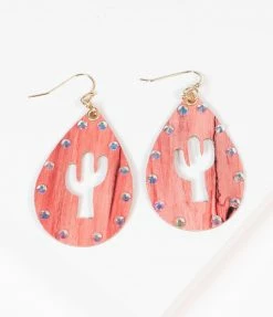 Trend Lab Corp 1970s Red Cactus & Rhinestone Teardrop Earrings