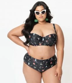 Collectif Plus Size Black & Cocktail Menu Print Balcony Swim Top Swimwear