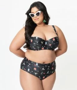 Collectif Plus Size Black & Cocktail Menu Print Balcony Swim Top Swimwear