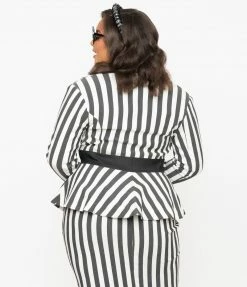 Beetlejuice X Unique Vintage Plus Size Black & White Stripe Peplum Maitland Blazer