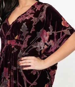 1970s Unique Vintage Wine & Floral Devore Velvet Burton Caftan Dress