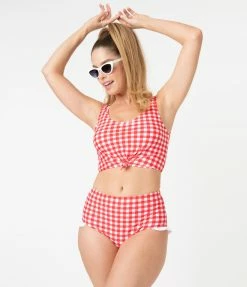 Coral Reef Swim Swimwear Retro Red & White Gingham Ruffle Swim Bottom