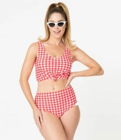 Coral Reef Swim Swimwear Retro Red & White Gingham Ruffle Swim Bottom