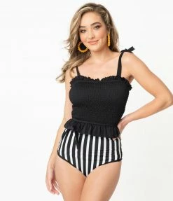 Coral Reef Swim Swimwear Black & White Striped High Waisted Reversible Swim Bottoms