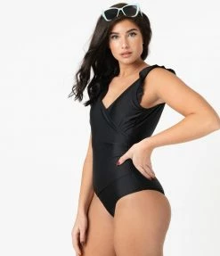 Marina West Swimwear Pin-Up Style Black Ruffle One Piece Swimsuit