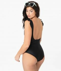 Marina West Swimwear Pin-Up Style Black Ruffle One Piece Swimsuit