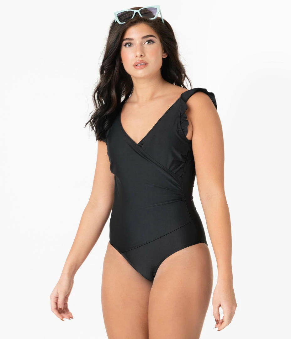 Marina West Swimwear Pin-Up Style Black Ruffle One Piece Swimsuit