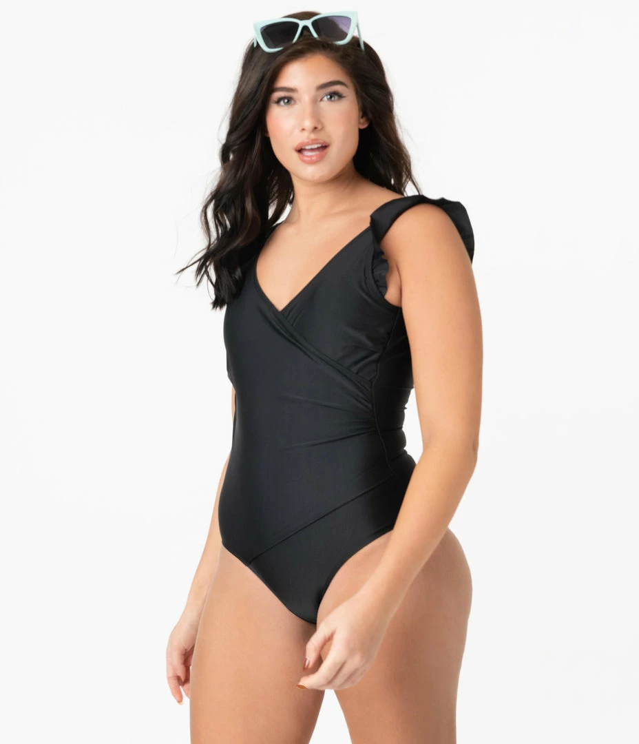 Marina West Swimwear Pin-Up Style Black Ruffle One Piece Swimsuit