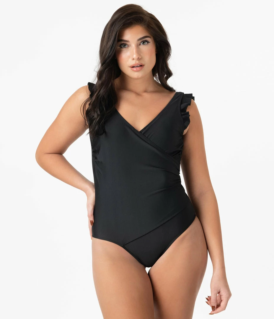 Marina West Swimwear Pin-Up Style Black Ruffle One Piece Swimsuit