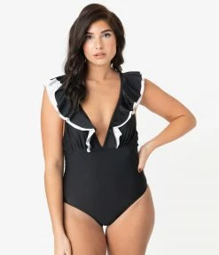 Marina West Swimwear Black & White Ruffled Neckline One Piece