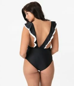 Marina West Swimwear Black & White Ruffled Neckline One Piece