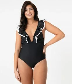 Marina West Swimwear Black & White Ruffled Neckline One Piece