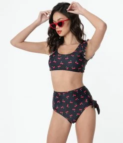 Marina West Swimwear Retro Black & Red Cherry Print Two Piece Swim Set