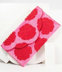 Ricki Designs Pink & Red Floral Rose Beaded Envelope Clutch