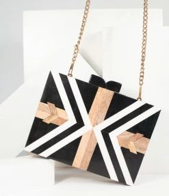 Ricki Designs 1960s Retro Style Black & White Chevron Wood & Resin Hard Clutch