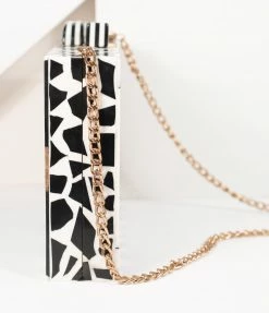 Ricki Designs 1960s Retro Style Black & White Chevron Wood & Resin Hard Clutch