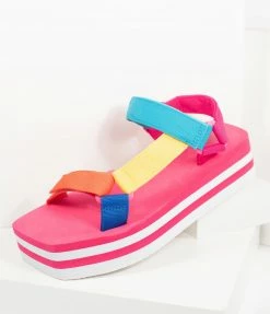 M & Z Sky Shoes 1980s & 1990s Rainbow Grosgrain Cord Platform Sandals