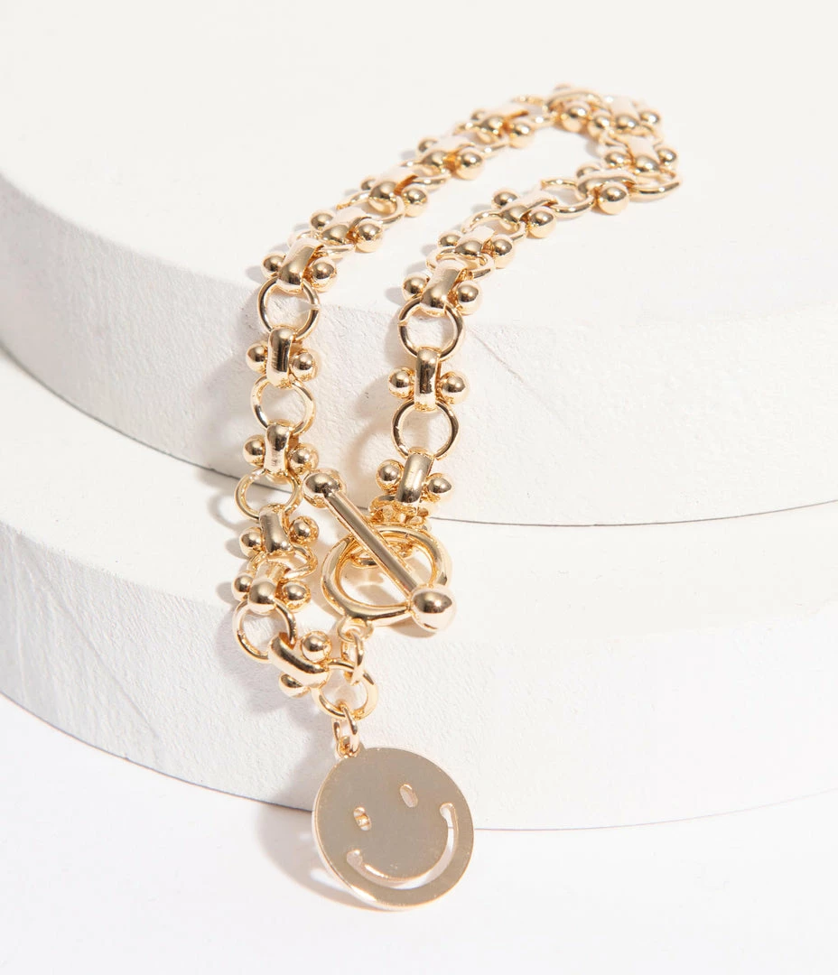 Mark Ashton 1970s Gold Smiley Face Charm Bracelet
