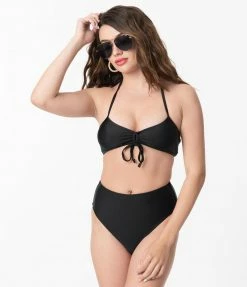 Hangzhou Fuyang Yifeng CO.,LTD Pin-Up Style Black Halter Two Piece Bikini Swimsuit Swimwear