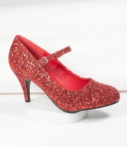 Pleaser Red Glitter Mary Jane Glinda Heels