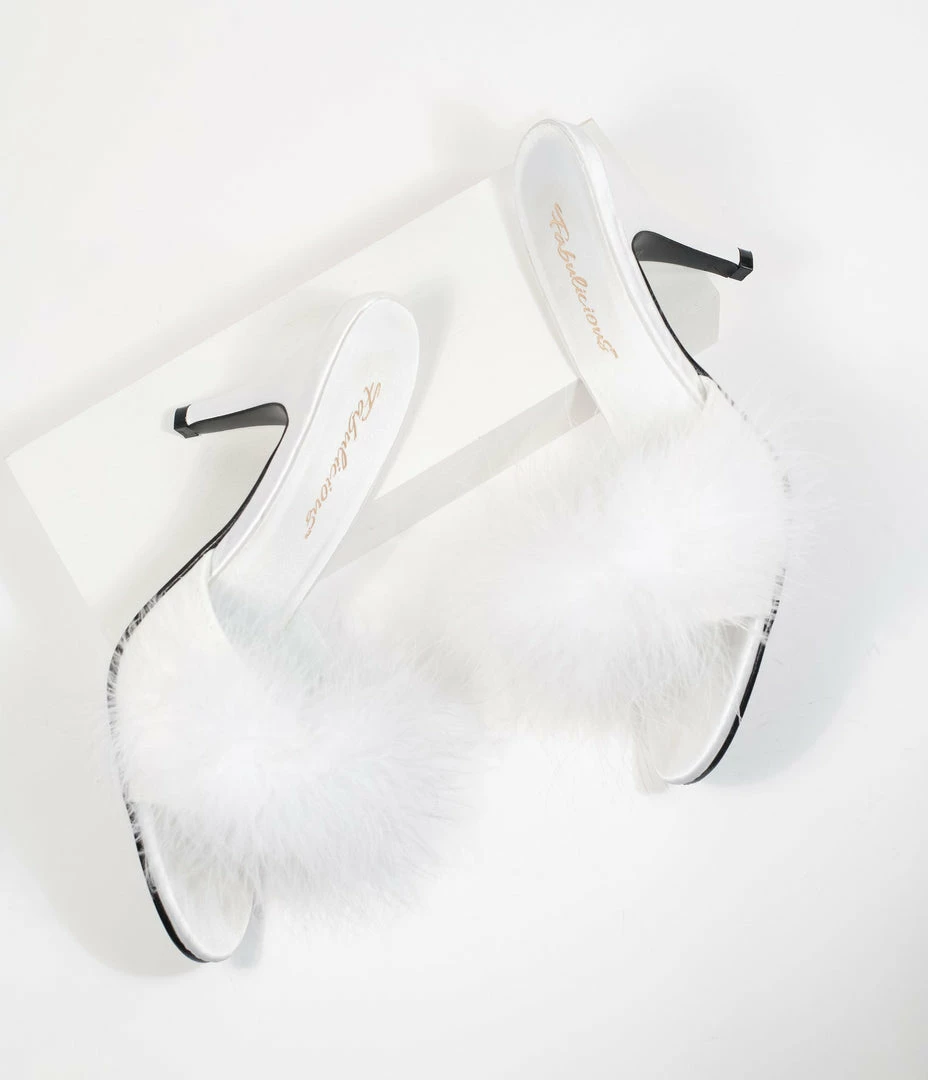 Pleaser White Marabou Feather Peep Toe Slipper Heel 1950s
