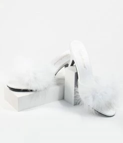 Pleaser White Marabou Feather Peep Toe Slipper Heel 1950s