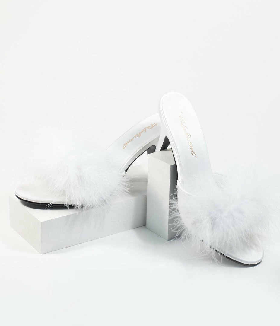 Pleaser White Marabou Feather Peep Toe Slipper Heel 1950s