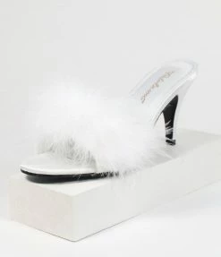Pleaser White Marabou Feather Peep Toe Slipper Heel 1950s