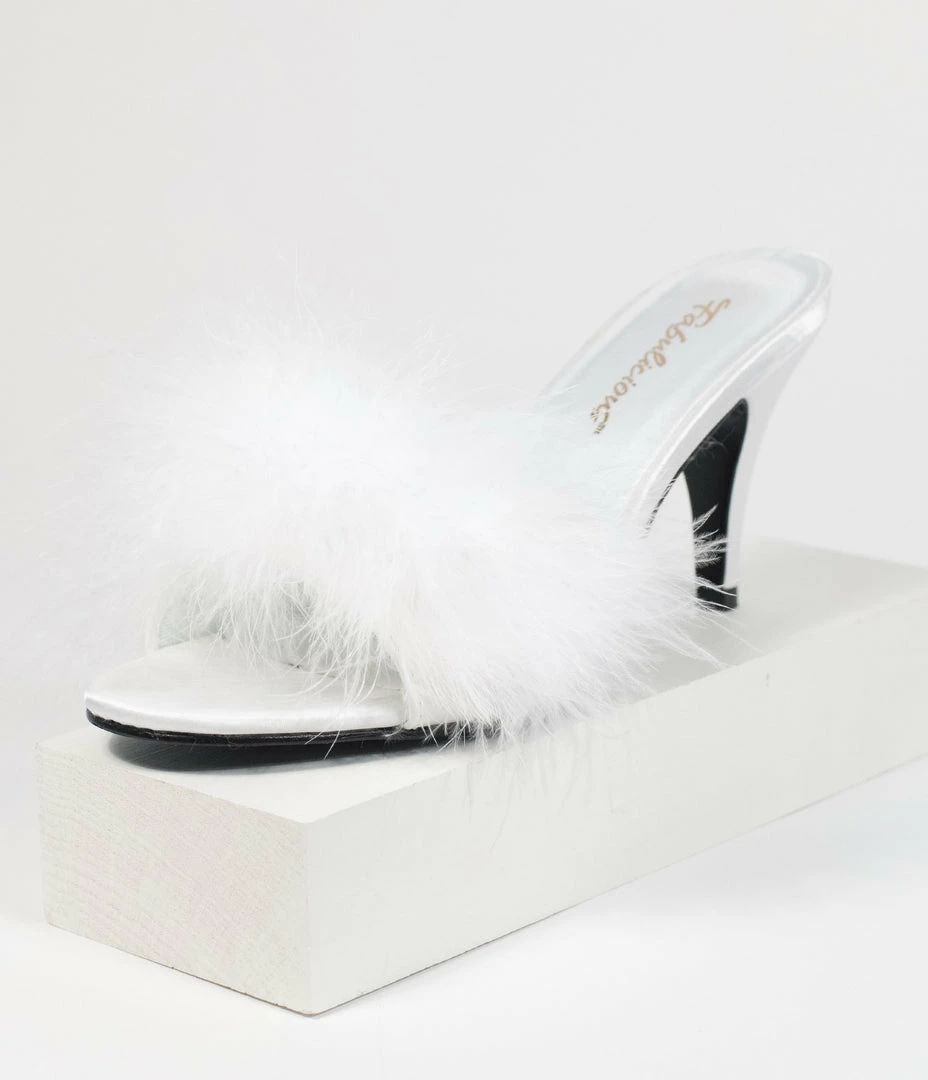 Pleaser White Marabou Feather Peep Toe Slipper Heel 1950s