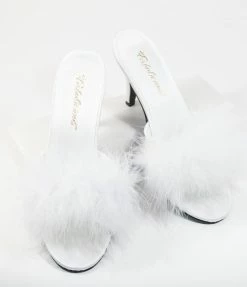 Pleaser White Marabou Feather Peep Toe Slipper Heel 1950s