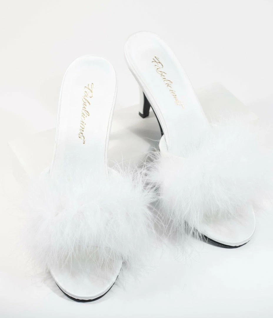 Pleaser White Marabou Feather Peep Toe Slipper Heel 1950s