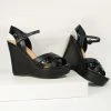 Shoe La La Black Crocodile Embossed Cross Wedge Sandals
