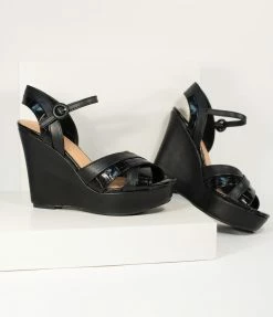 Shoe La La Black Crocodile Embossed Cross Wedge Sandals