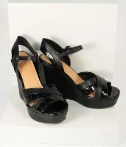 Shoe La La Black Crocodile Embossed Cross Wedge Sandals