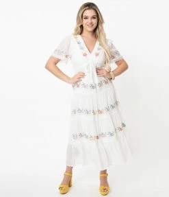 BaeVely 1970s White & Floral Embroidered Tiered Maxi Dress