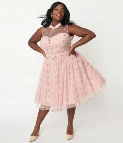 Unique Vintage Plus Size Dusty Pink Glitter Hearts Georgia Swing Dress