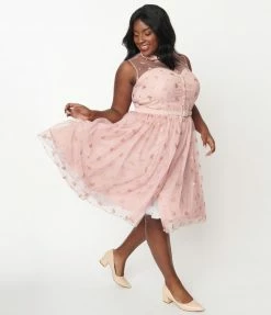 Unique Vintage Plus Size Dusty Pink Glitter Hearts Georgia Swing Dress