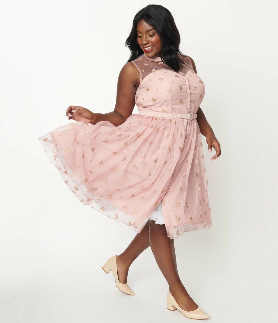 Unique Vintage Plus Size Dusty Pink Glitter Hearts Georgia Swing Dress