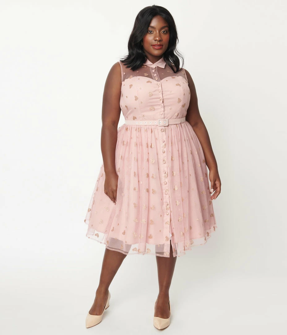 Unique Vintage Plus Size Dusty Pink Glitter Hearts Georgia Swing Dress