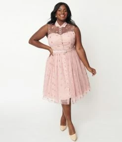 Unique Vintage Plus Size Dusty Pink Glitter Hearts Georgia Swing Dress
