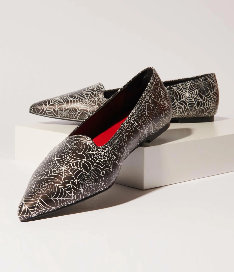 YRU (Strange Cvlt) Black & White Spiderweb Leatherette Dagger Pointed Flat Shoes