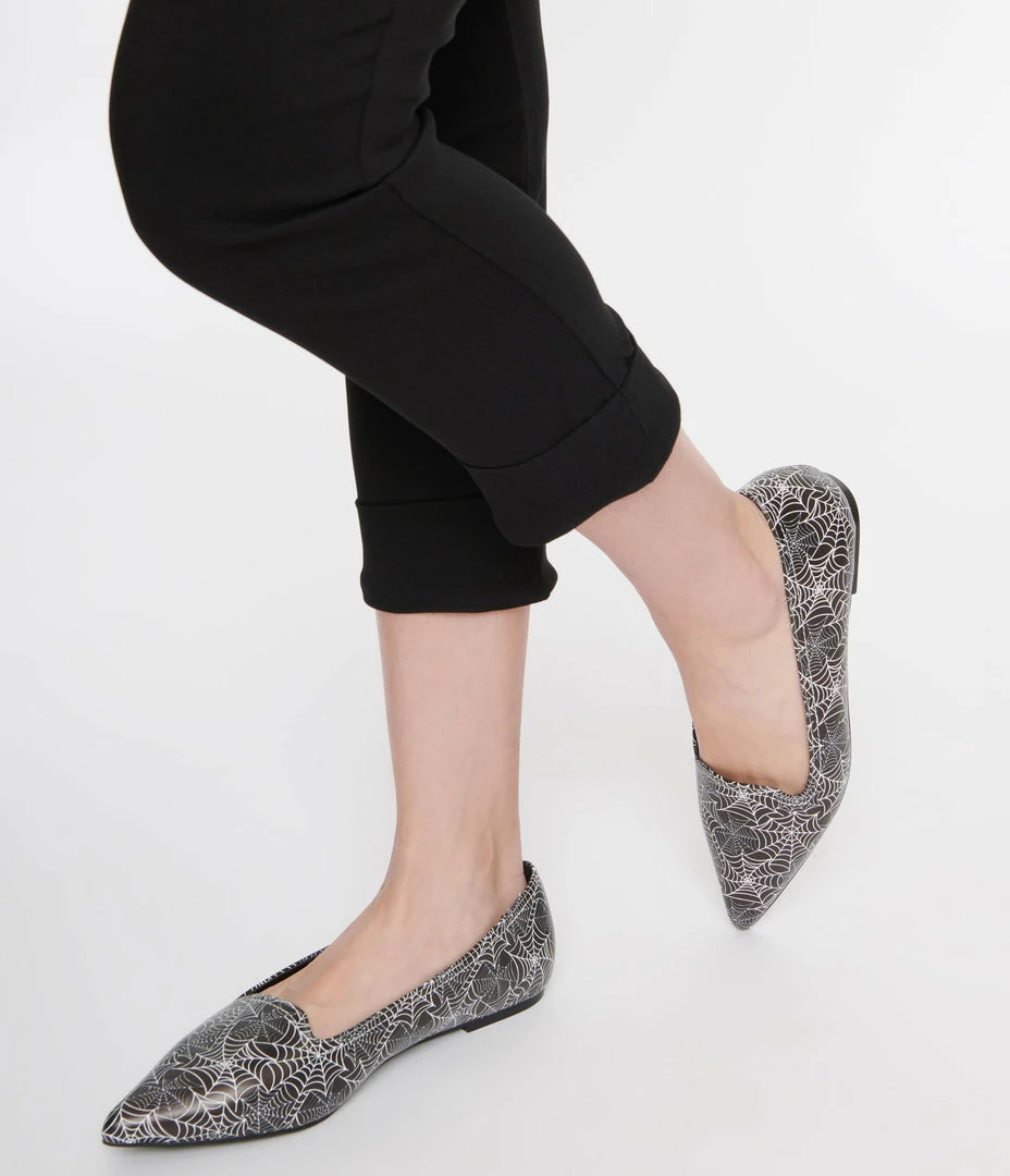 YRU (Strange Cvlt) Black & White Spiderweb Leatherette Dagger Pointed Flat Shoes