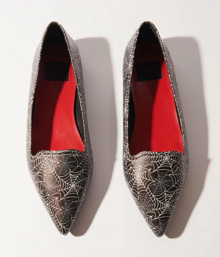 YRU (Strange Cvlt) Black & White Spiderweb Leatherette Dagger Pointed Flat Shoes