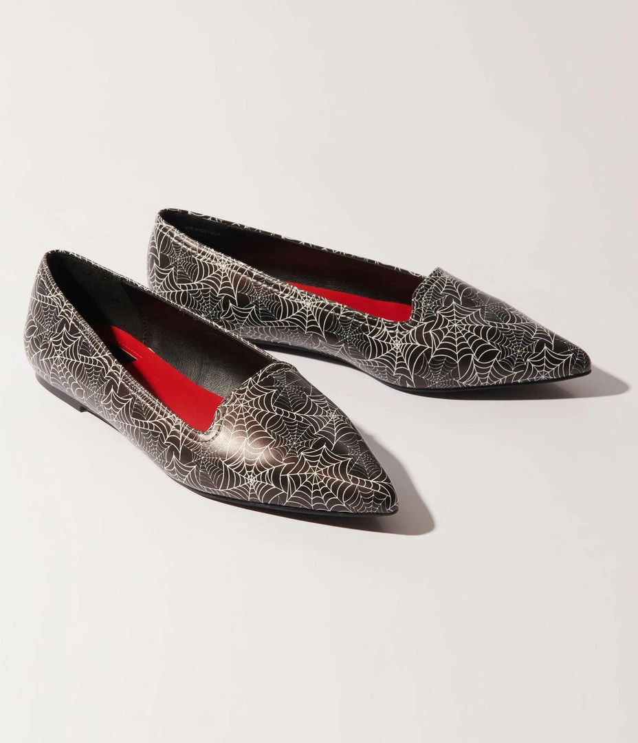 YRU (Strange Cvlt) Black & White Spiderweb Leatherette Dagger Pointed Flat Shoes