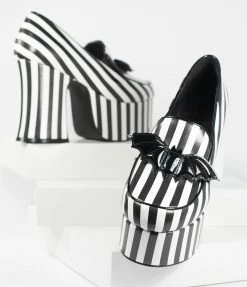 YRU (Strange Cvlt) Black & White Stripe Vegan Leather Banshee Platform Heels Shoes